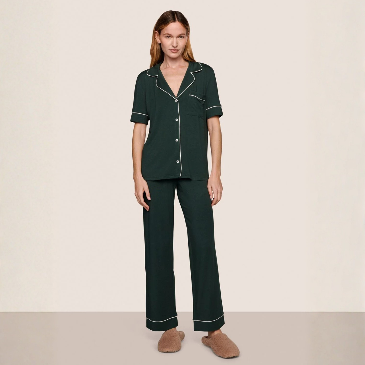 Eberjey Womens Gisele Short Sleeve Pant PJ Set - Chocolate / Ivory