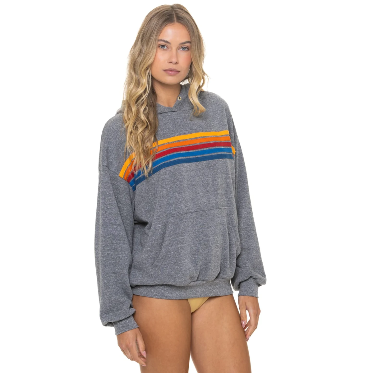 Aviator Nation Womens 5 Stripe Pullover Hoodie Relaxed-Heather Grey