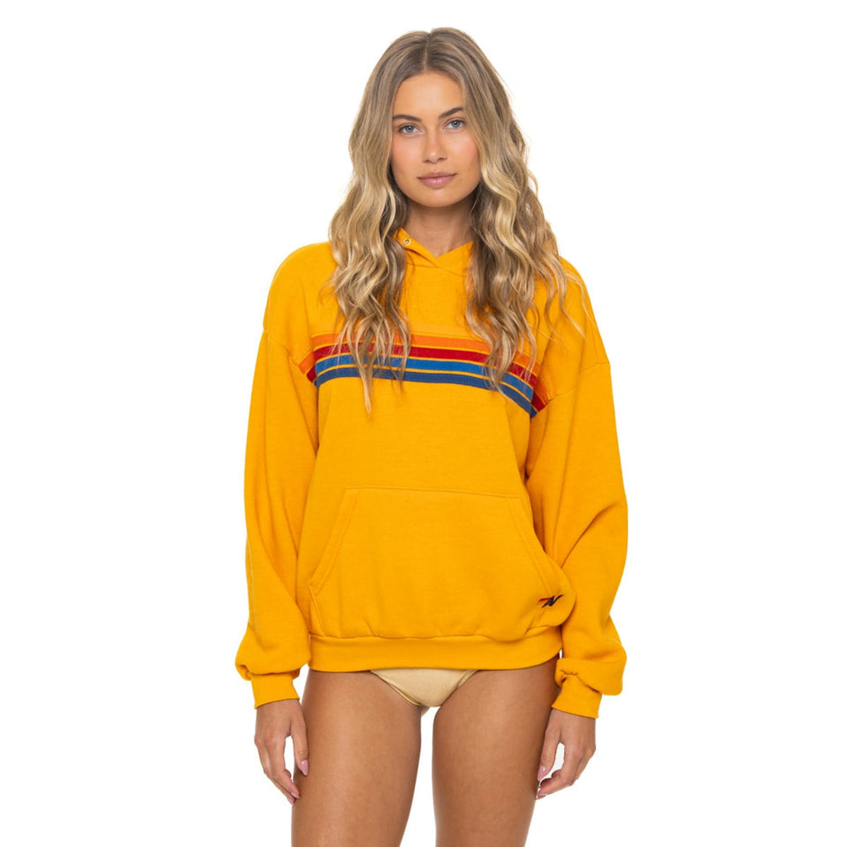 Aviator Nation Womens 5 Stripe Pullover Hoodie Relaxed - Vintage Gold