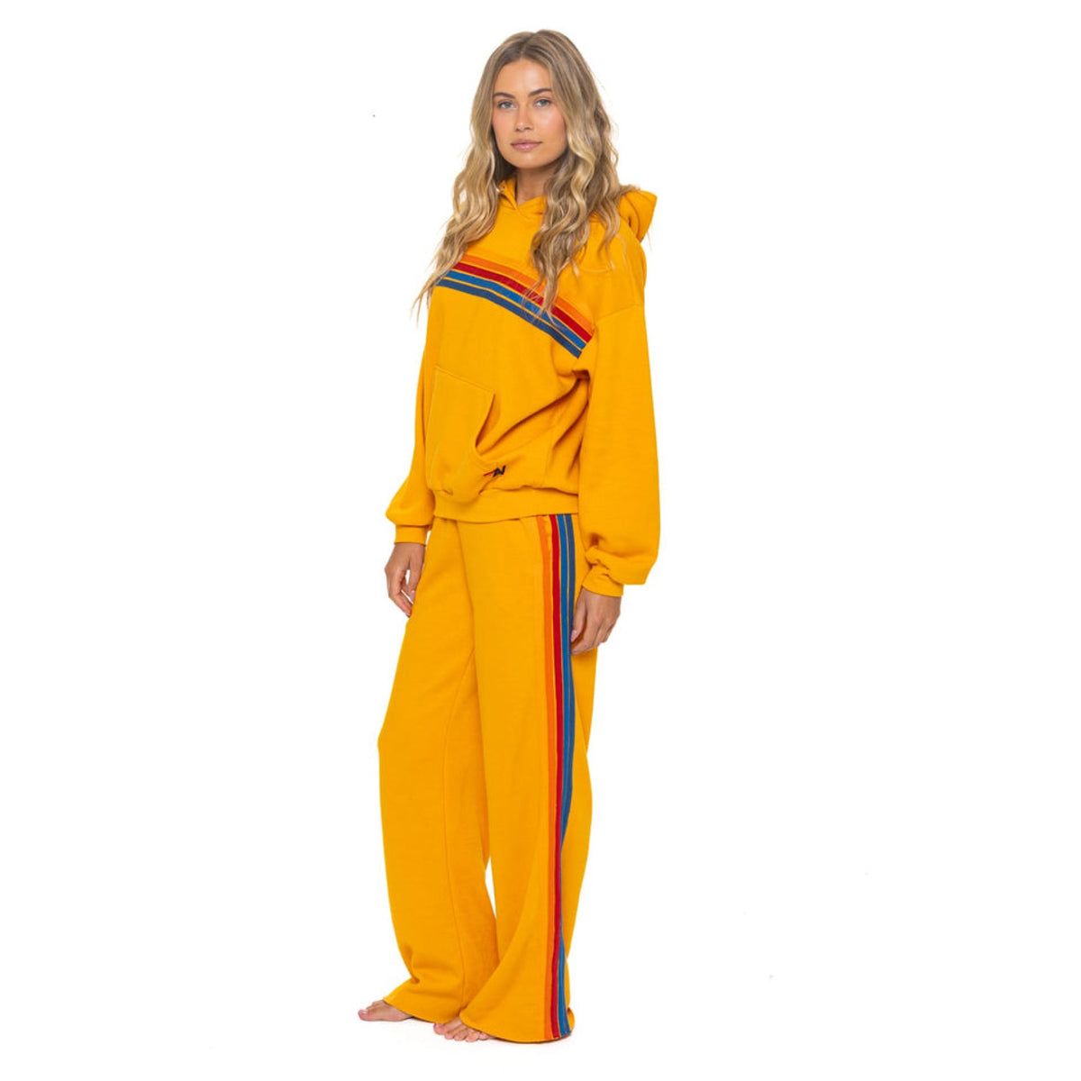 Aviator Nation Womens 5 Stripe Pullover Hoodie Relaxed - Vintage Gold
