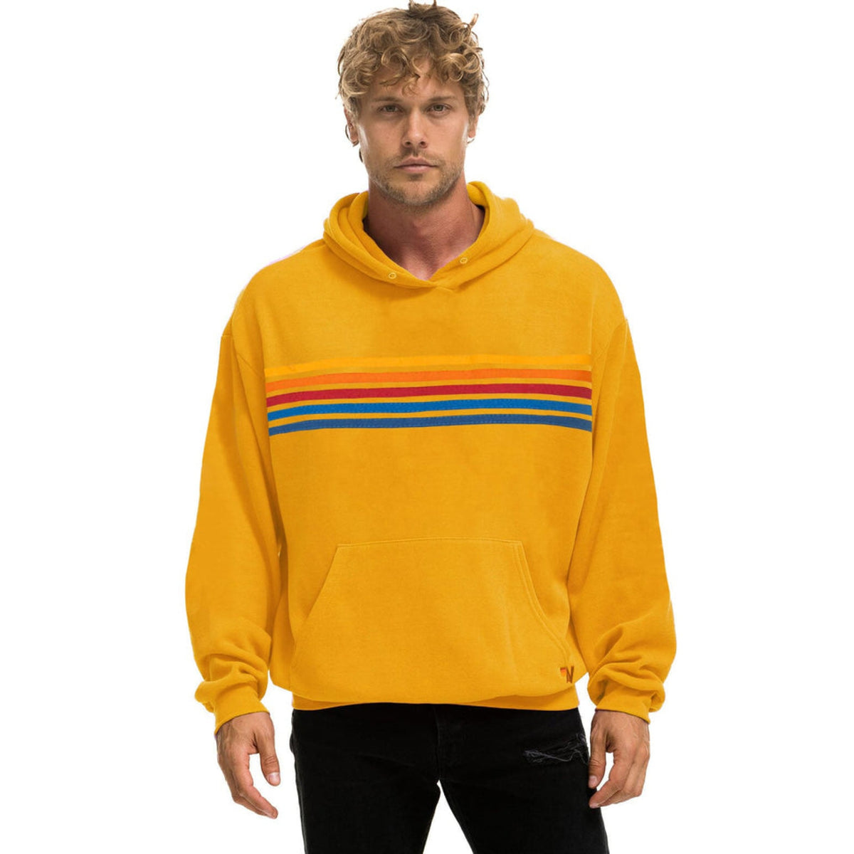 Aviator Nation Womens 5 Stripe Pullover Hoodie Relaxed - Vintage Gold
