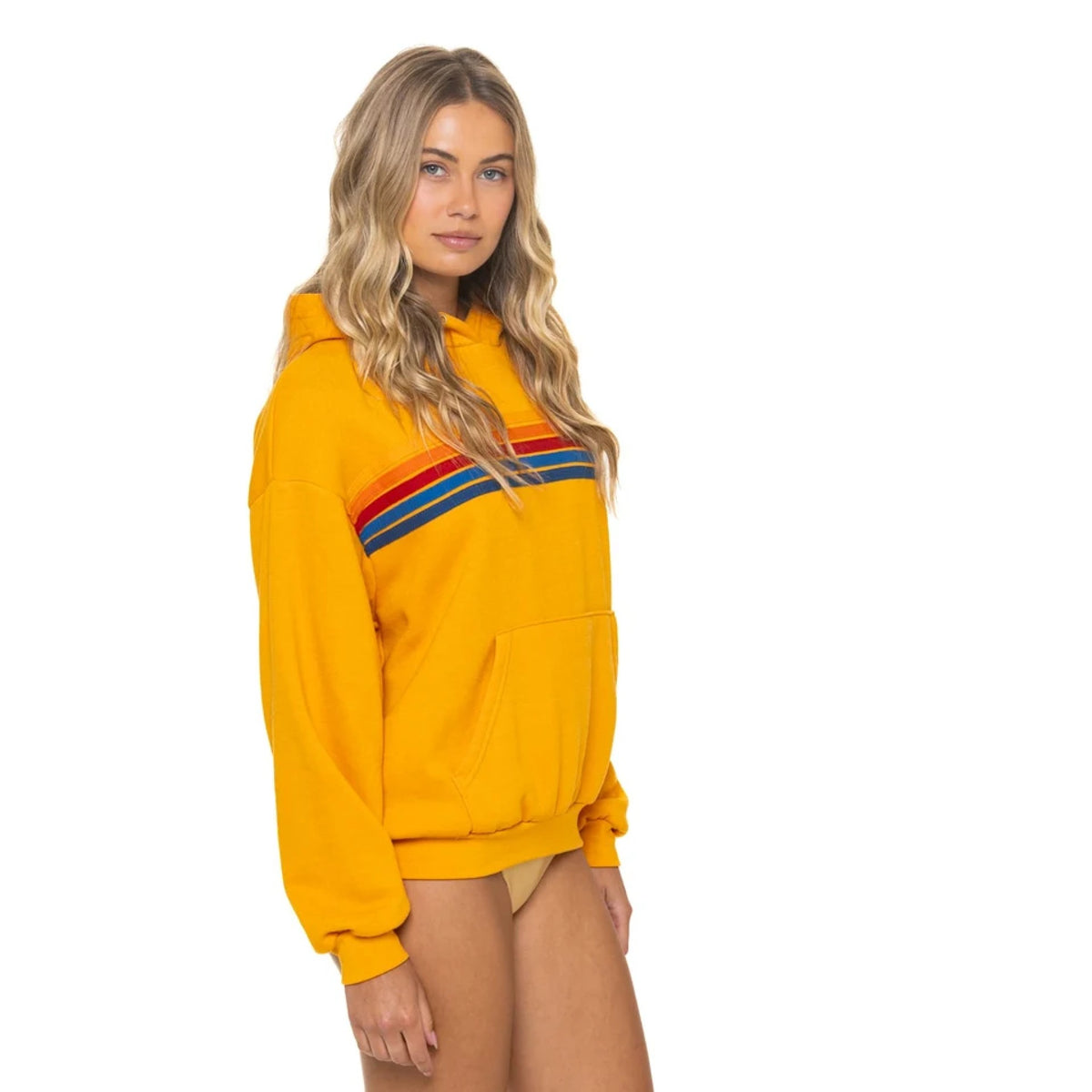 Aviator Nation Womens 5 Stripe Pullover Hoodie Relaxed - Vintage Gold