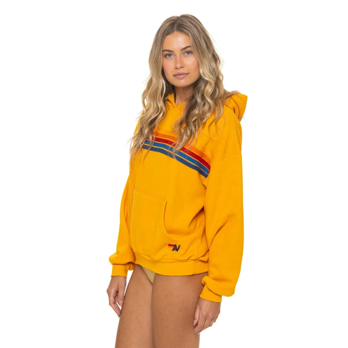 Aviator Nation Womens 5 Stripe Pullover Hoodie Relaxed - Vintage Gold
