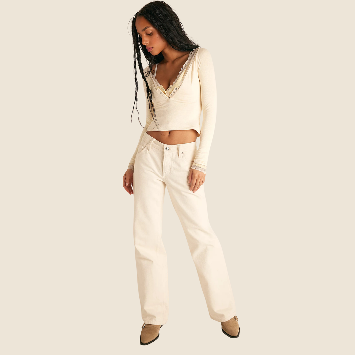 Free People Womens A Little Bit Layering Top-Toasted Eggnog