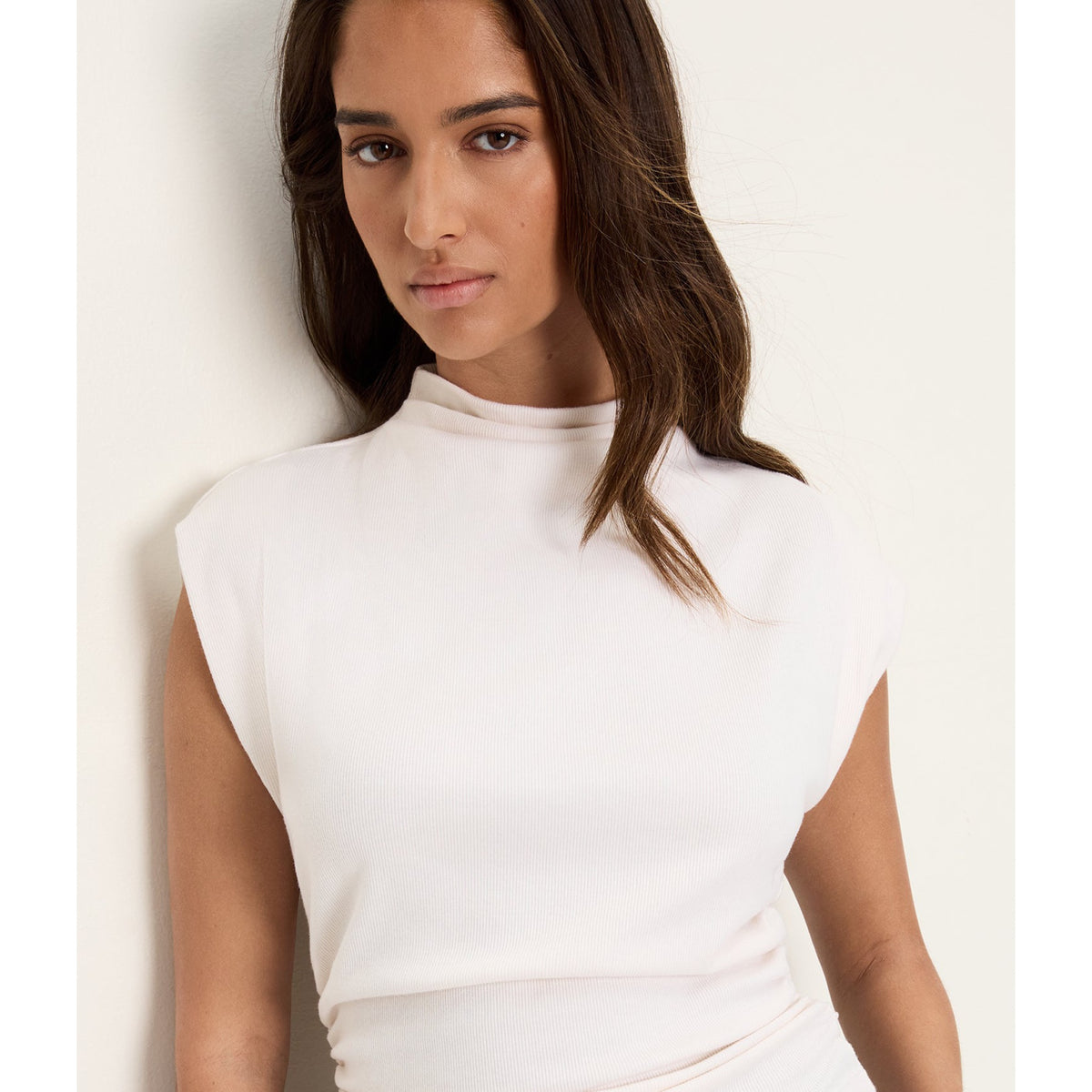 Michael Stars Womens Amara Mock Neck Powershoulder Top