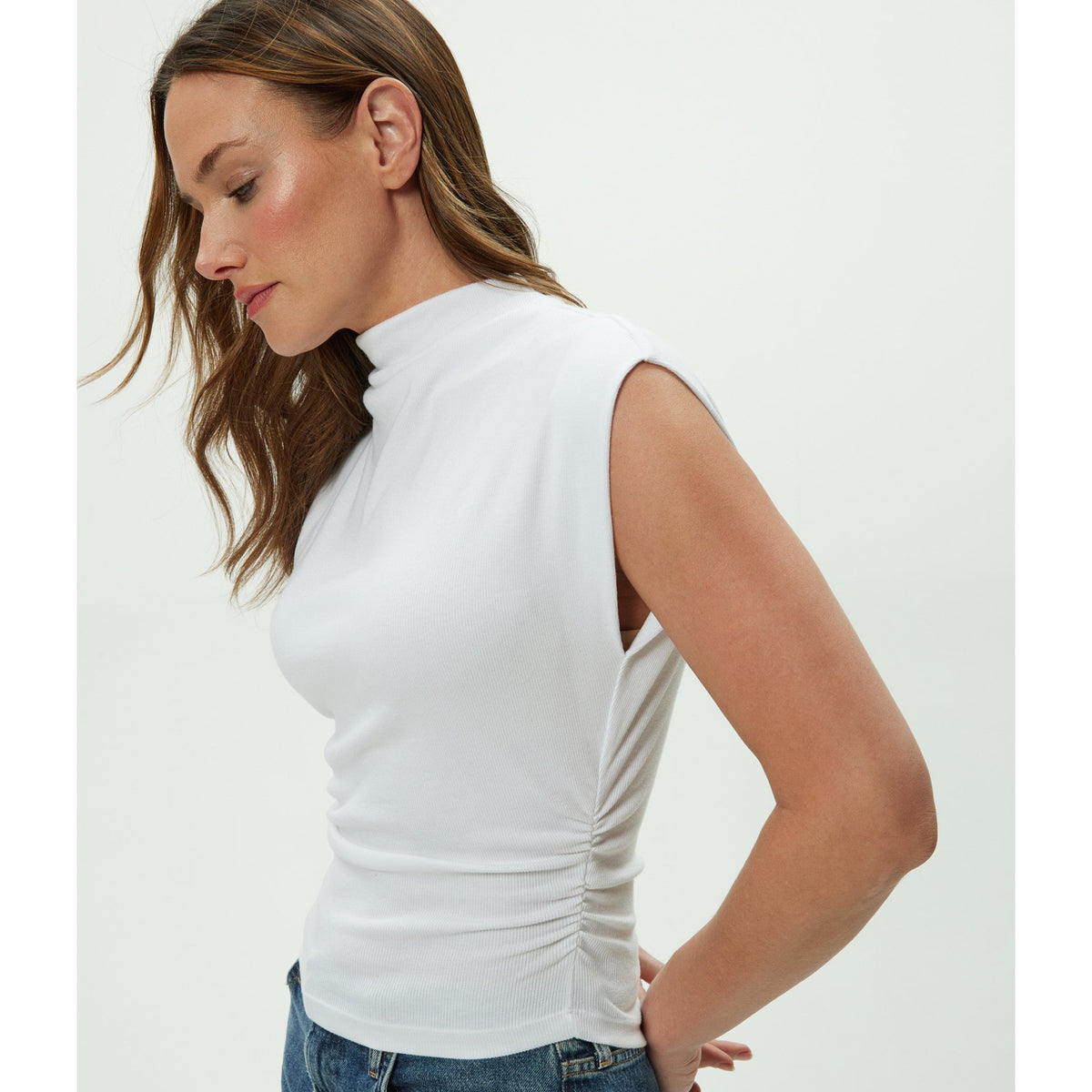 Michael Stars Womens Amara Mock Neck Powershoulder Top