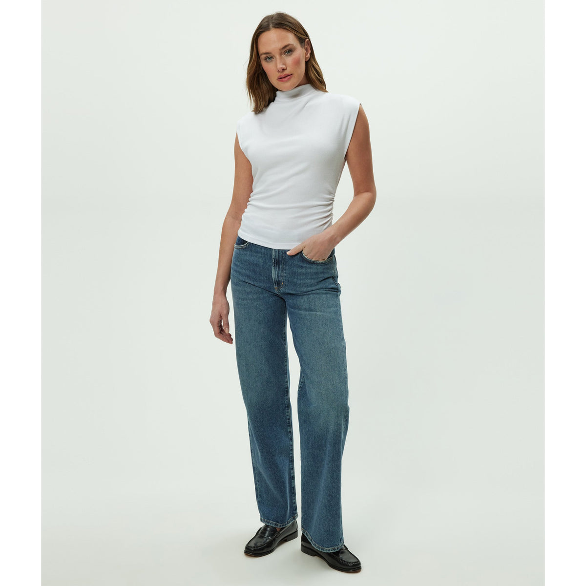 Michael Stars Womens Amara Mock Neck Powershoulder Top