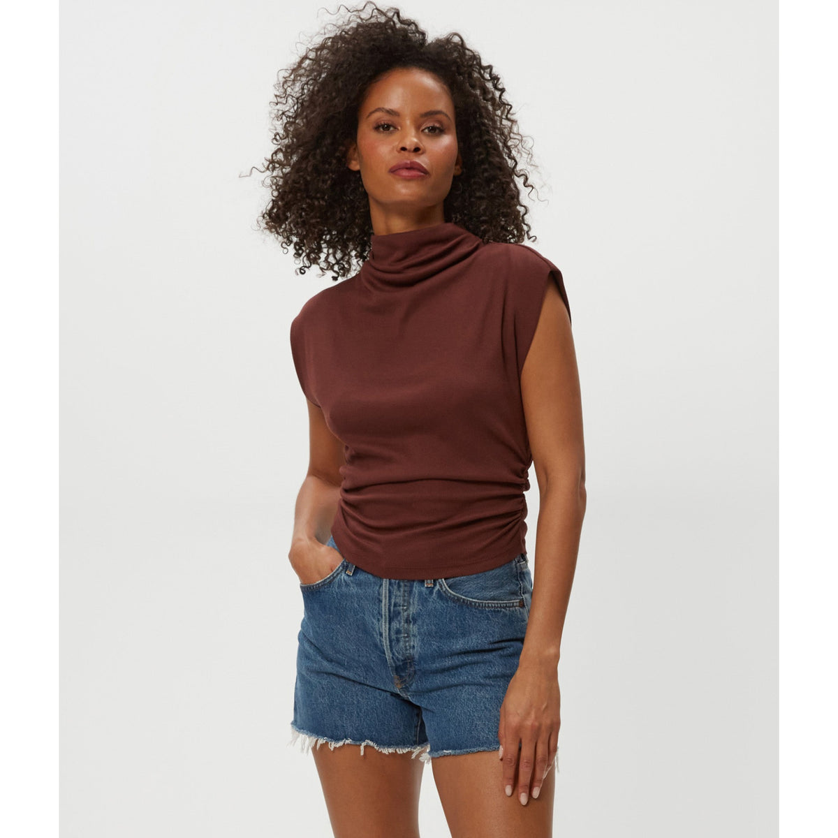 Michael Stars Womens Amara Mock Neck Powershoulder Top