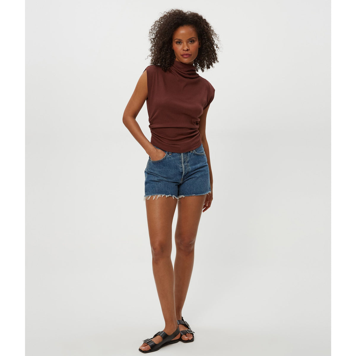 Michael Stars Womens Amara Mock Neck Powershoulder Top