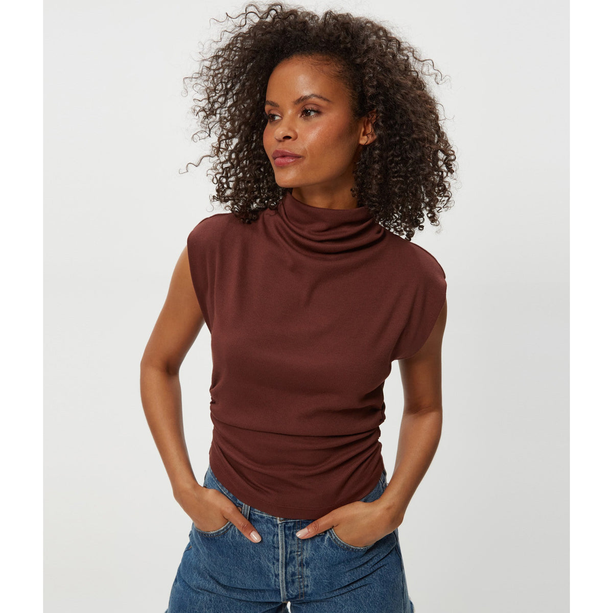 Michael Stars Womens Amara Mock Neck Powershoulder Top