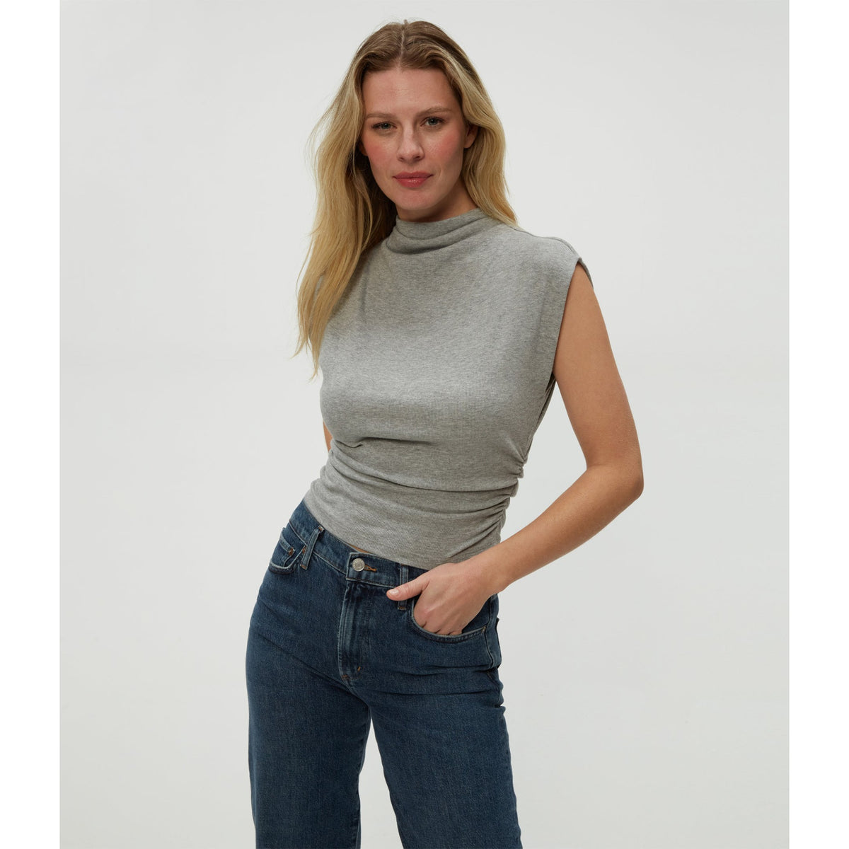 Michael Stars Womens Amara Mock Neck Powershoulder Top