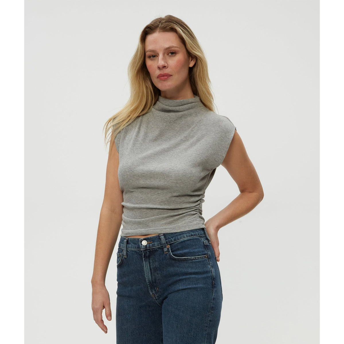 Michael Stars Womens Amara Mock Neck Powershoulder Top