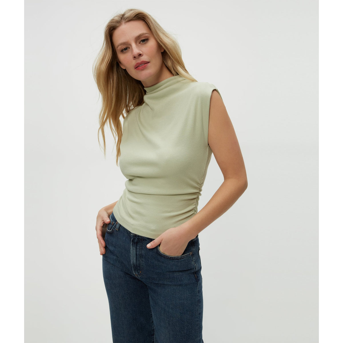Michael Stars Womens Amara Mock Neck Powershoulder Top