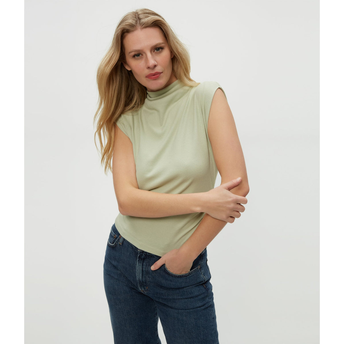 Michael Stars Womens Amara Mock Neck Powershoulder Top