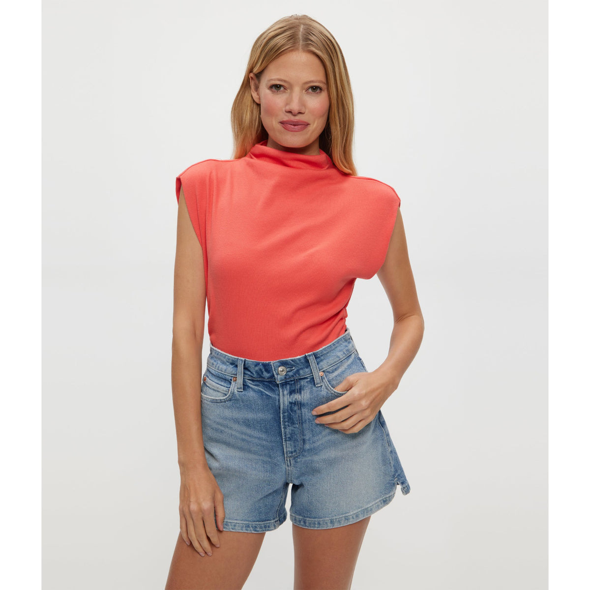 Michael Stars Womens Amara Mock Neck Powershoulder Top
