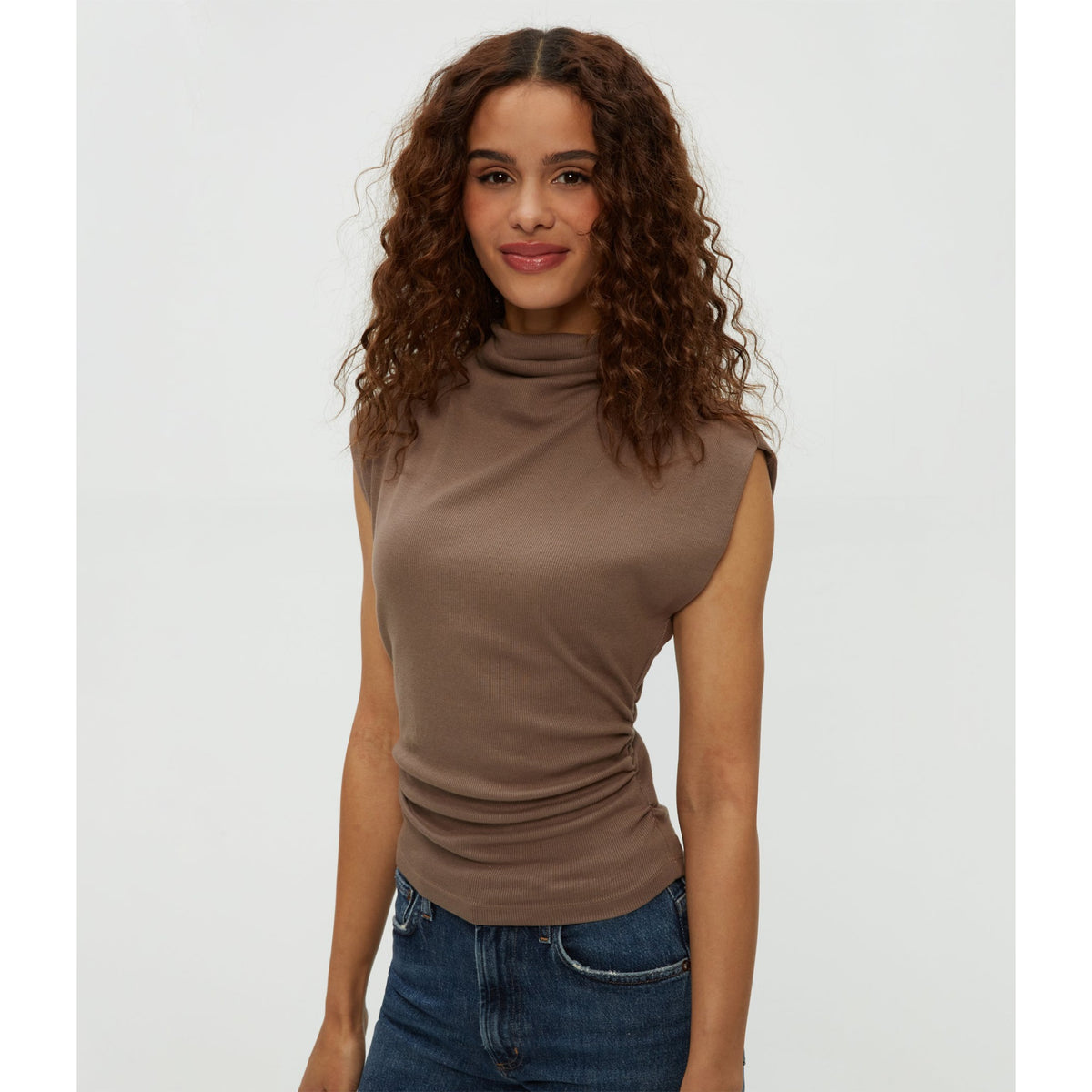 Michael Stars Womens Amara Mock Neck Powershoulder Top