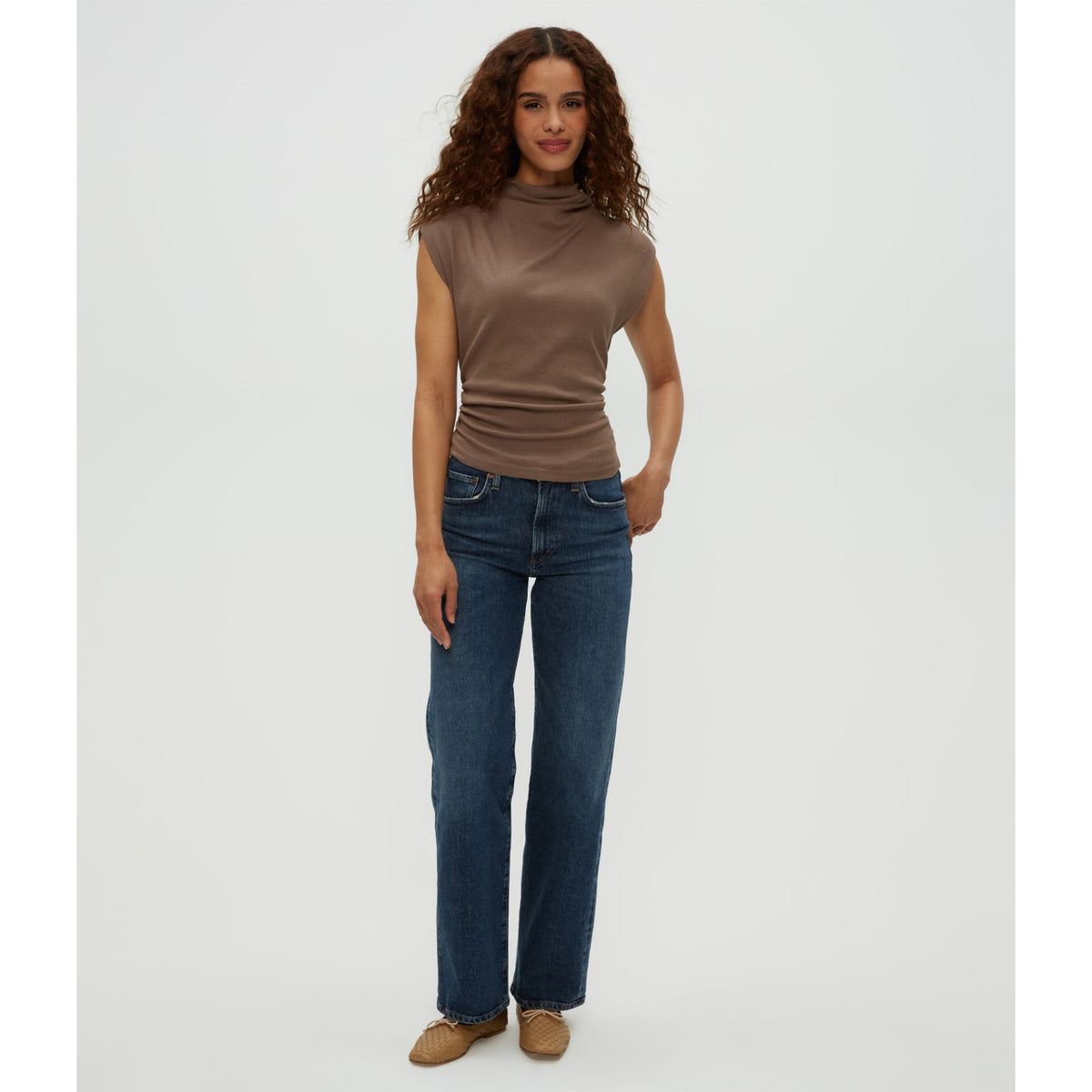 Michael Stars Womens Amara Mock Neck Powershoulder Top