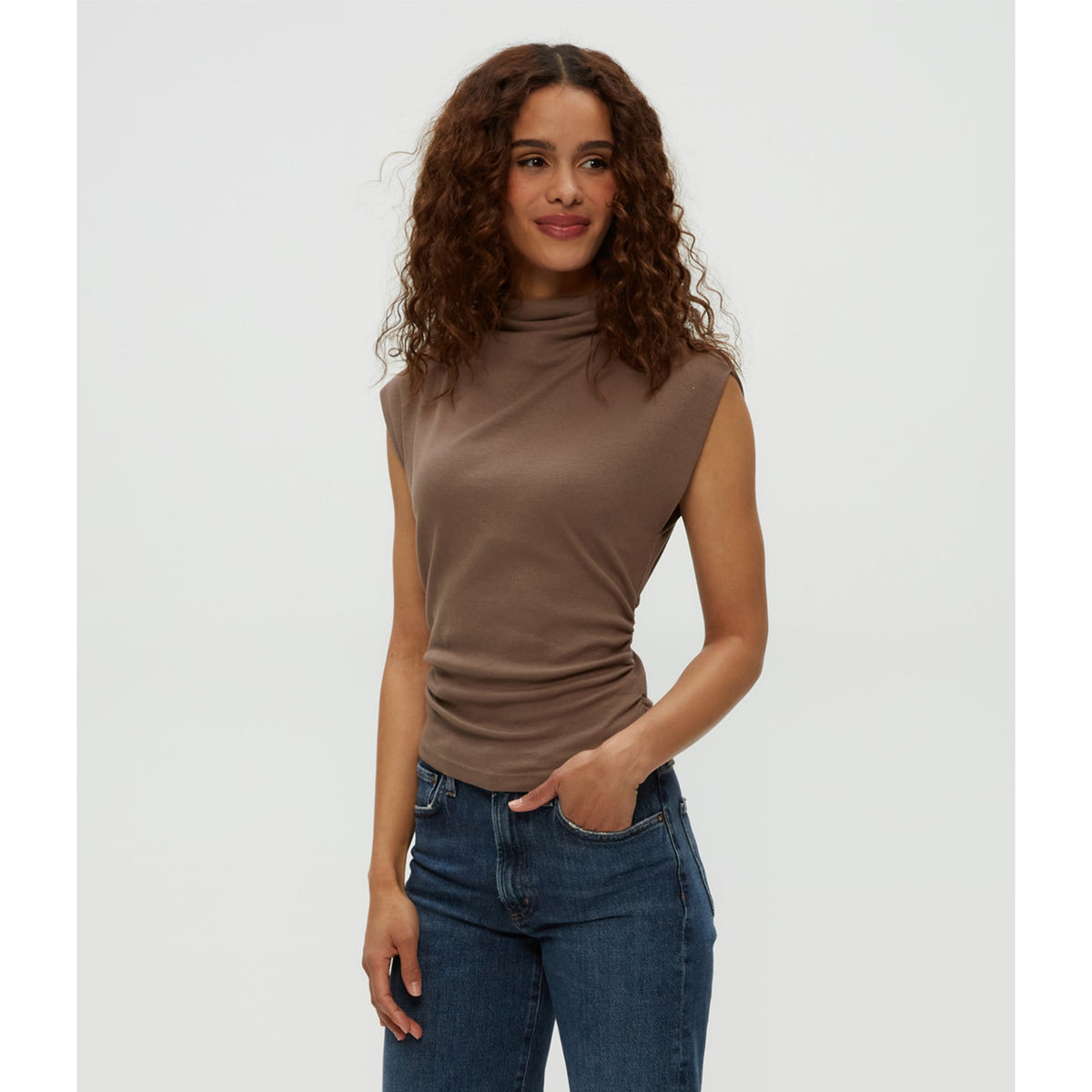 Michael Stars Womens Amara Mock Neck Powershoulder Top