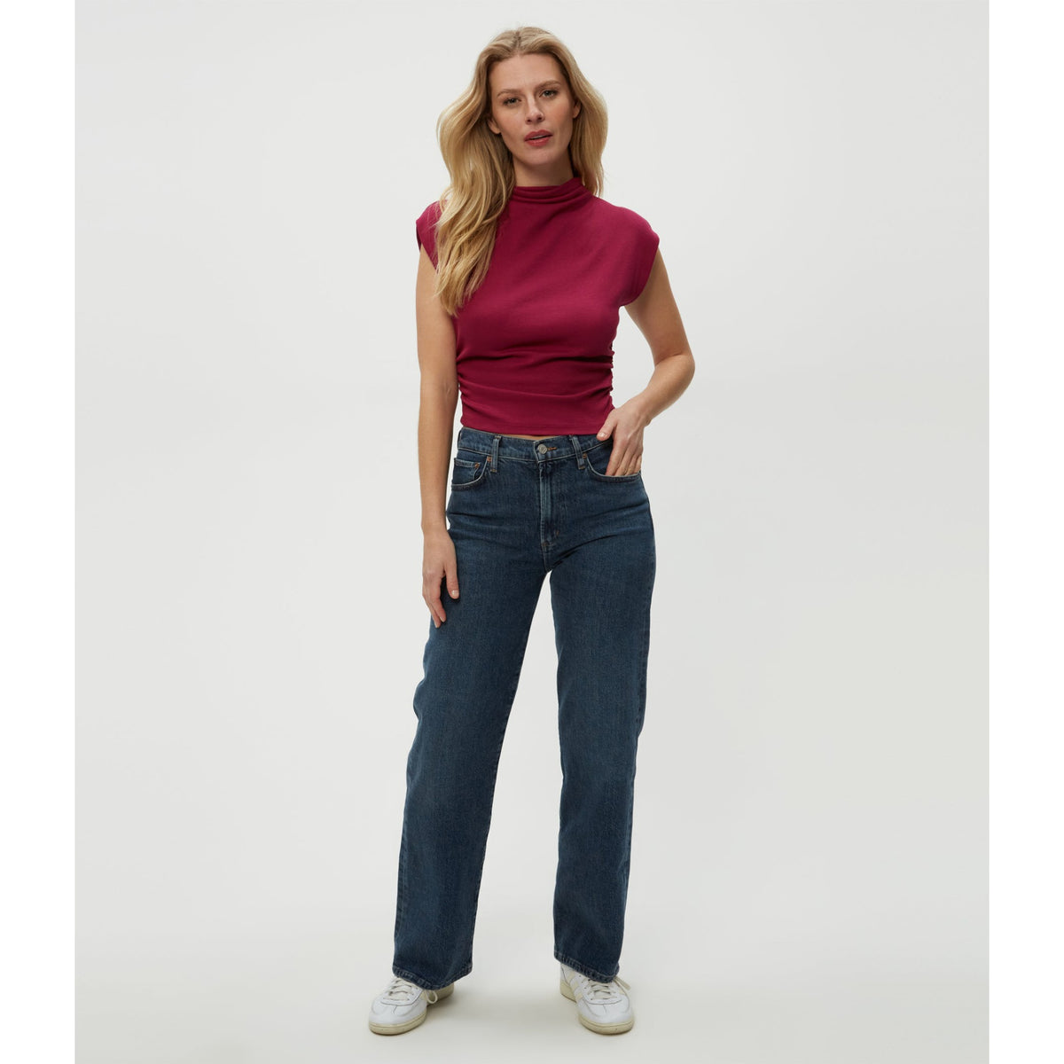 Michael Stars Womens Amara Mock Neck Powershoulder Top