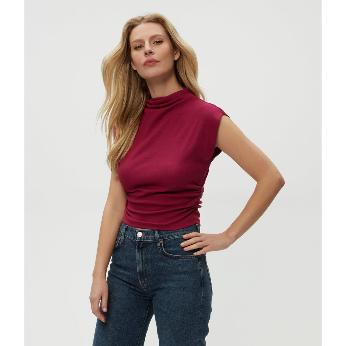 Michael Stars Womens Amara Mock Neck Powershoulder Top