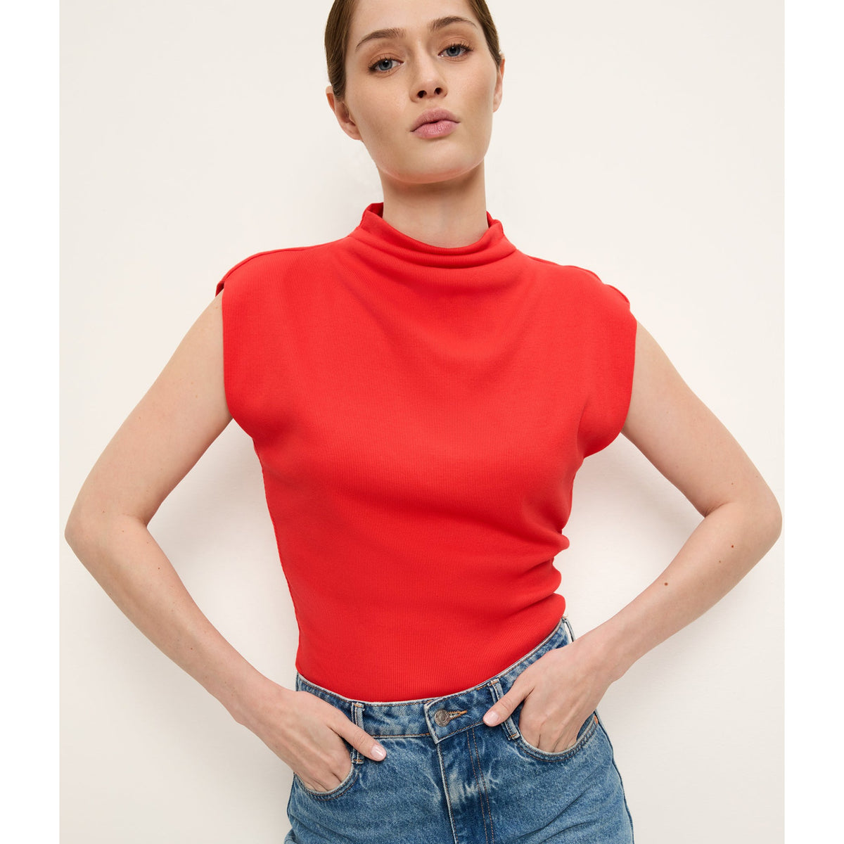 Michael Stars Womens Amara Mock Neck Powershoulder Top