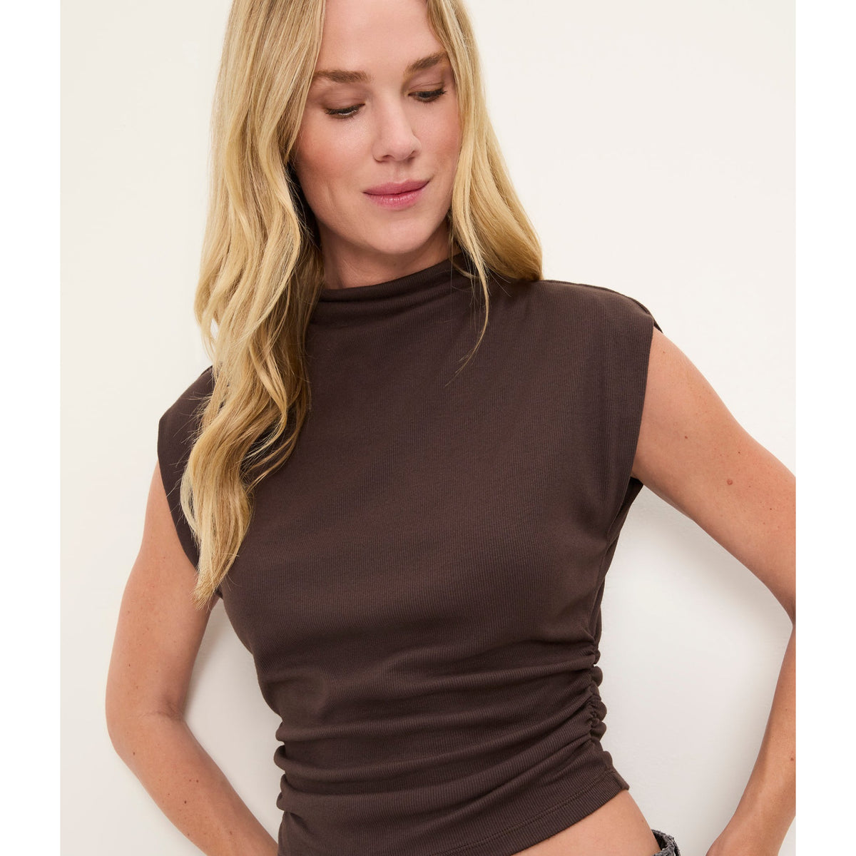 Michael Stars Womens Amara Mock Neck Powershoulder Top