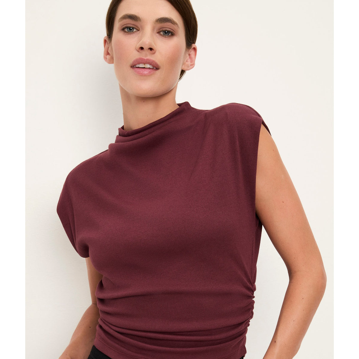 Michael Stars Womens Amara Mock Neck Powershoulder Top