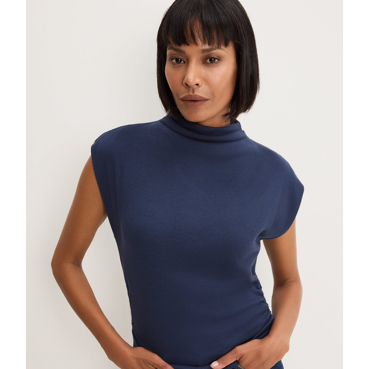 Michael Stars Womens Amara Mock Neck Powershoulder Top