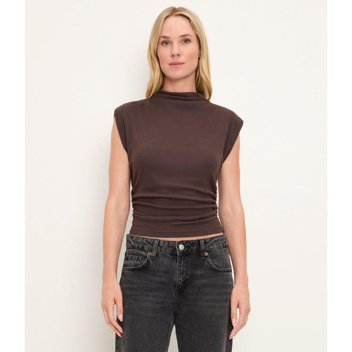 Michael Stars Womens Amara Mock Neck Powershoulder Top
