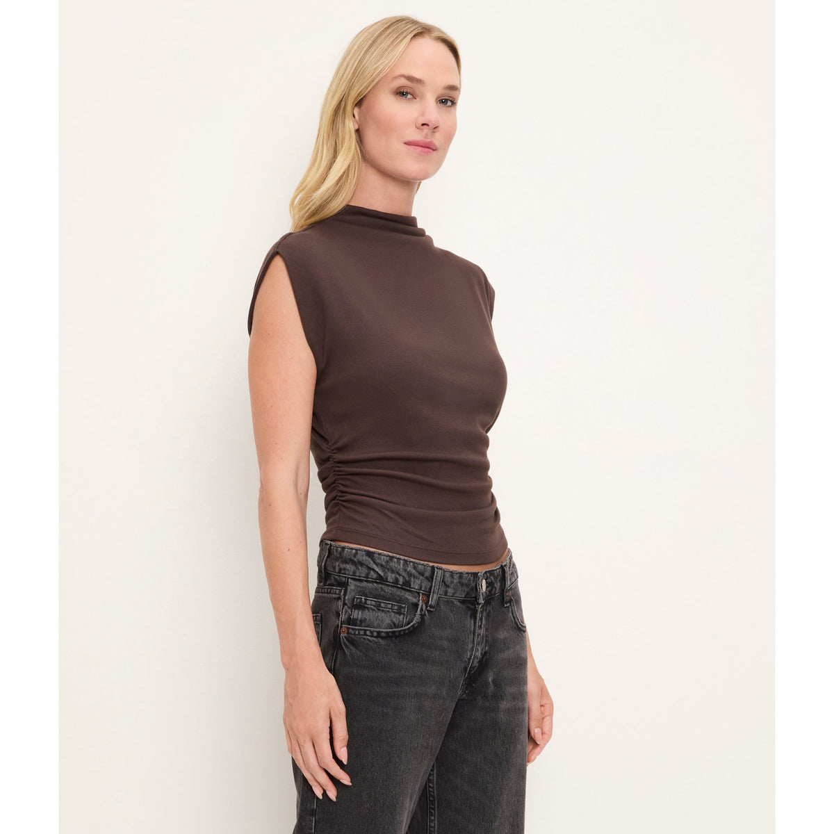 Michael Stars Womens Amara Mock Neck Powershoulder Top