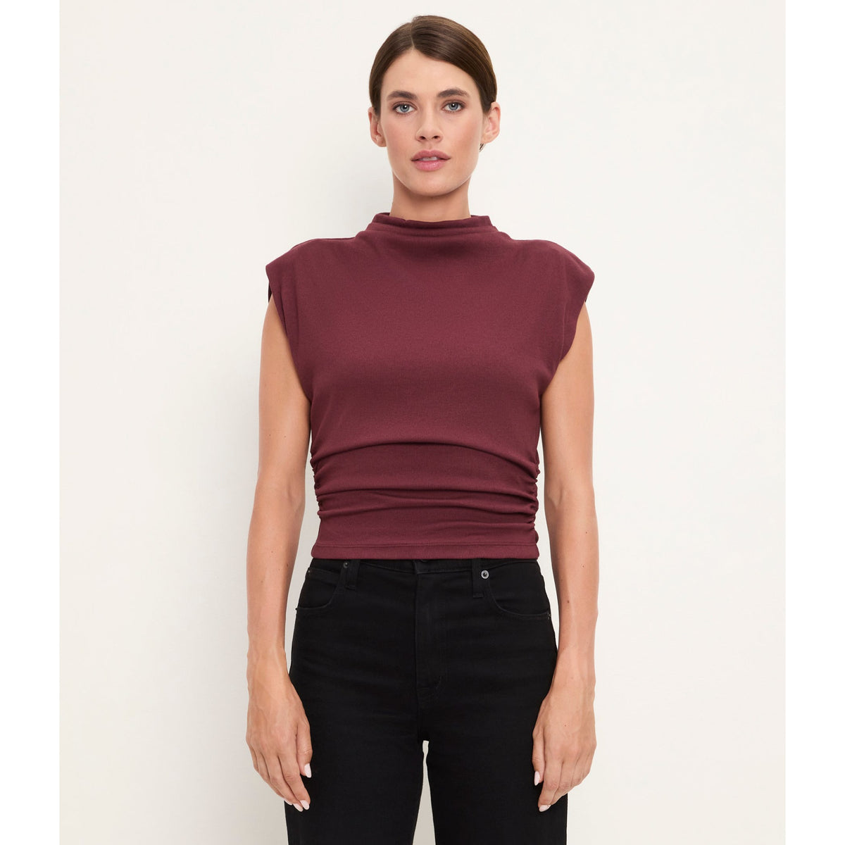 Michael Stars Womens Amara Mock Neck Powershoulder Top-Port Royale