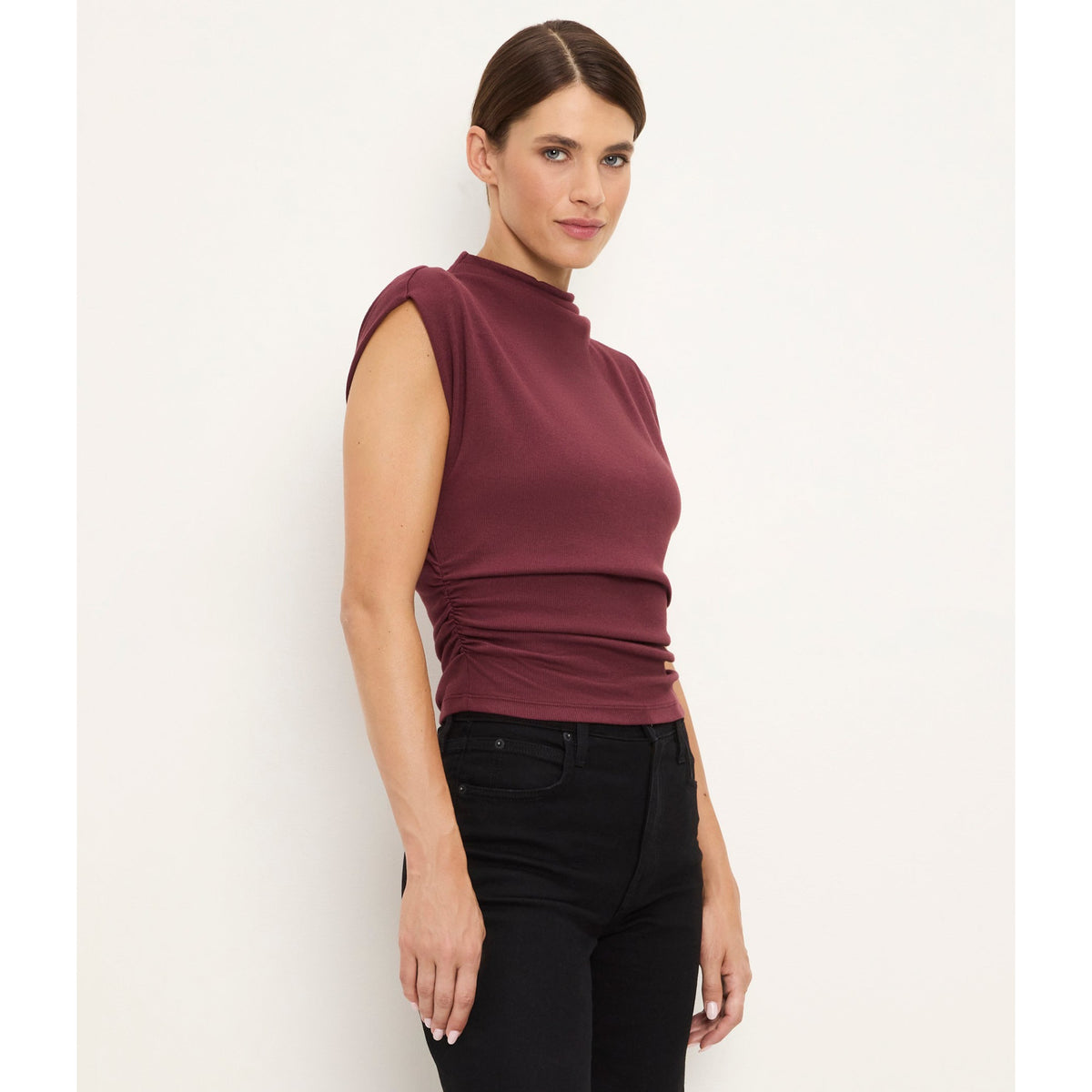 Michael Stars Womens Amara Mock Neck Powershoulder Top-Port Royale