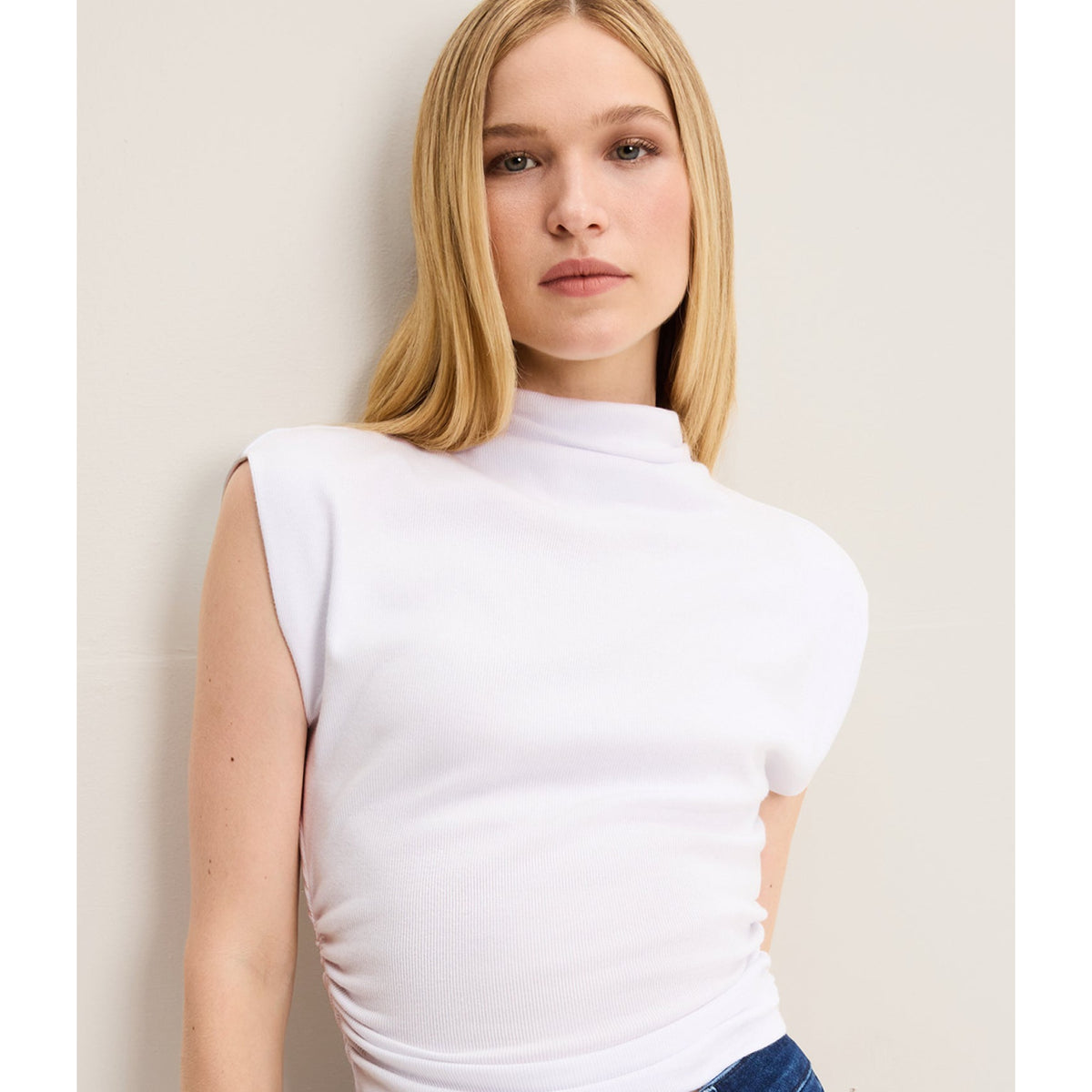 Michael Stars Womens Amara Mock Neck Powershoulder Top