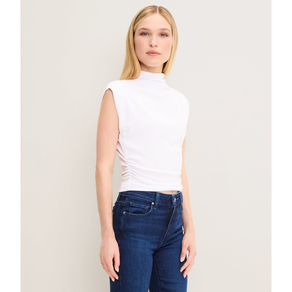 Michael Stars Womens Amara Mock Neck Powershoulder Top