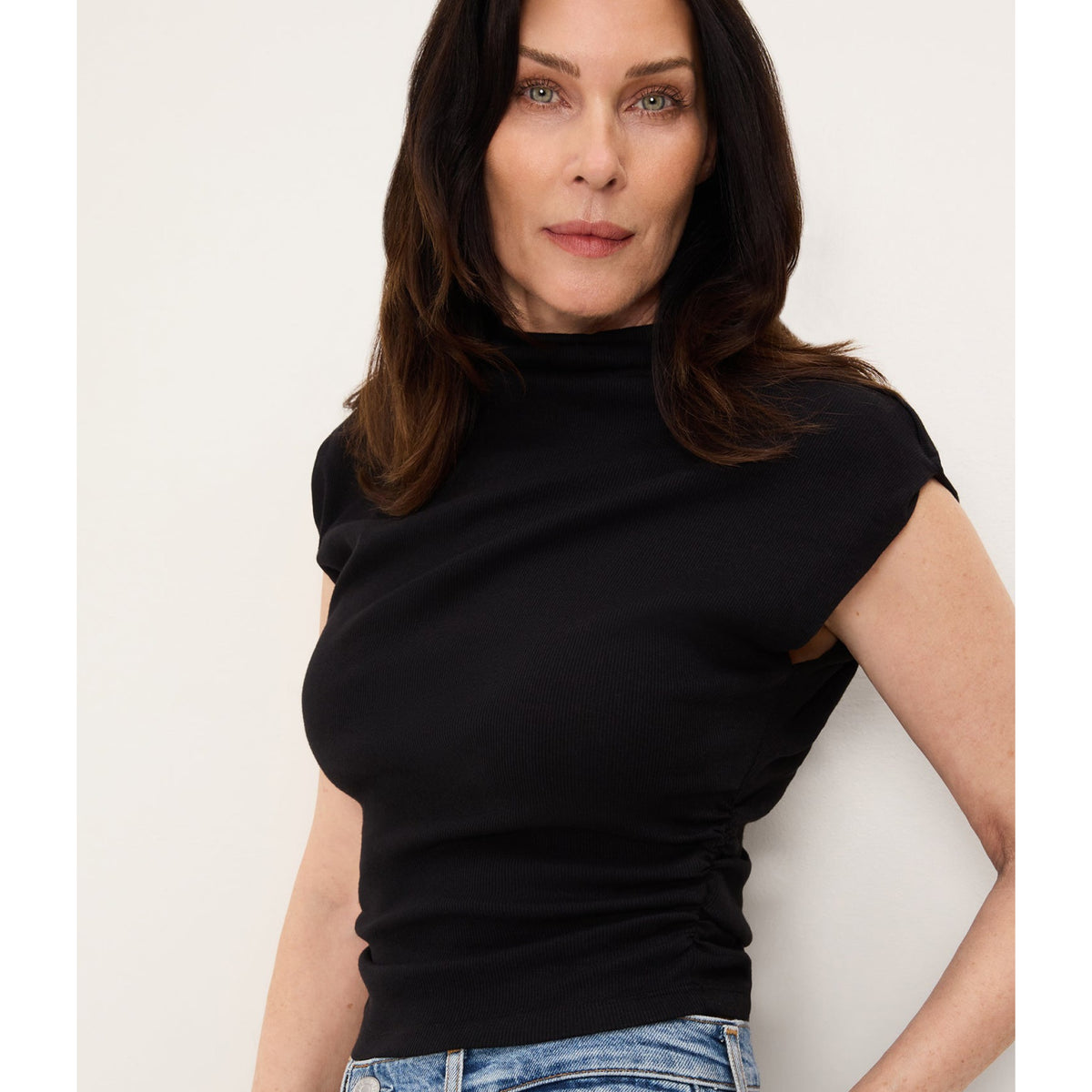 Michael Stars Womens Amara Mock Neck Powershoulder Top