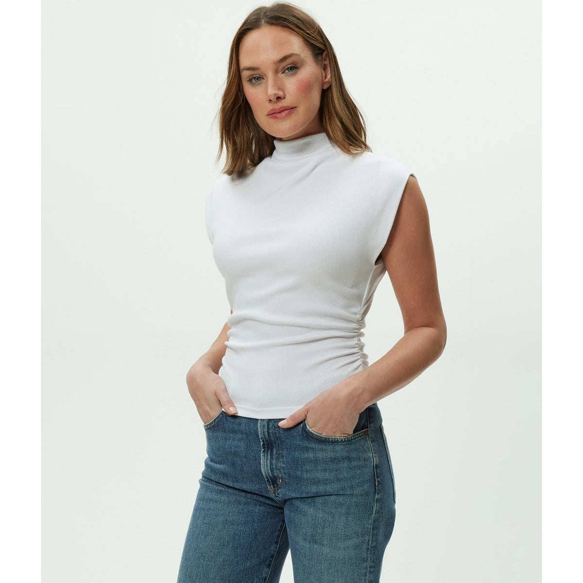 Michael Stars Womens Amara Mock Neck Powershoulder Top