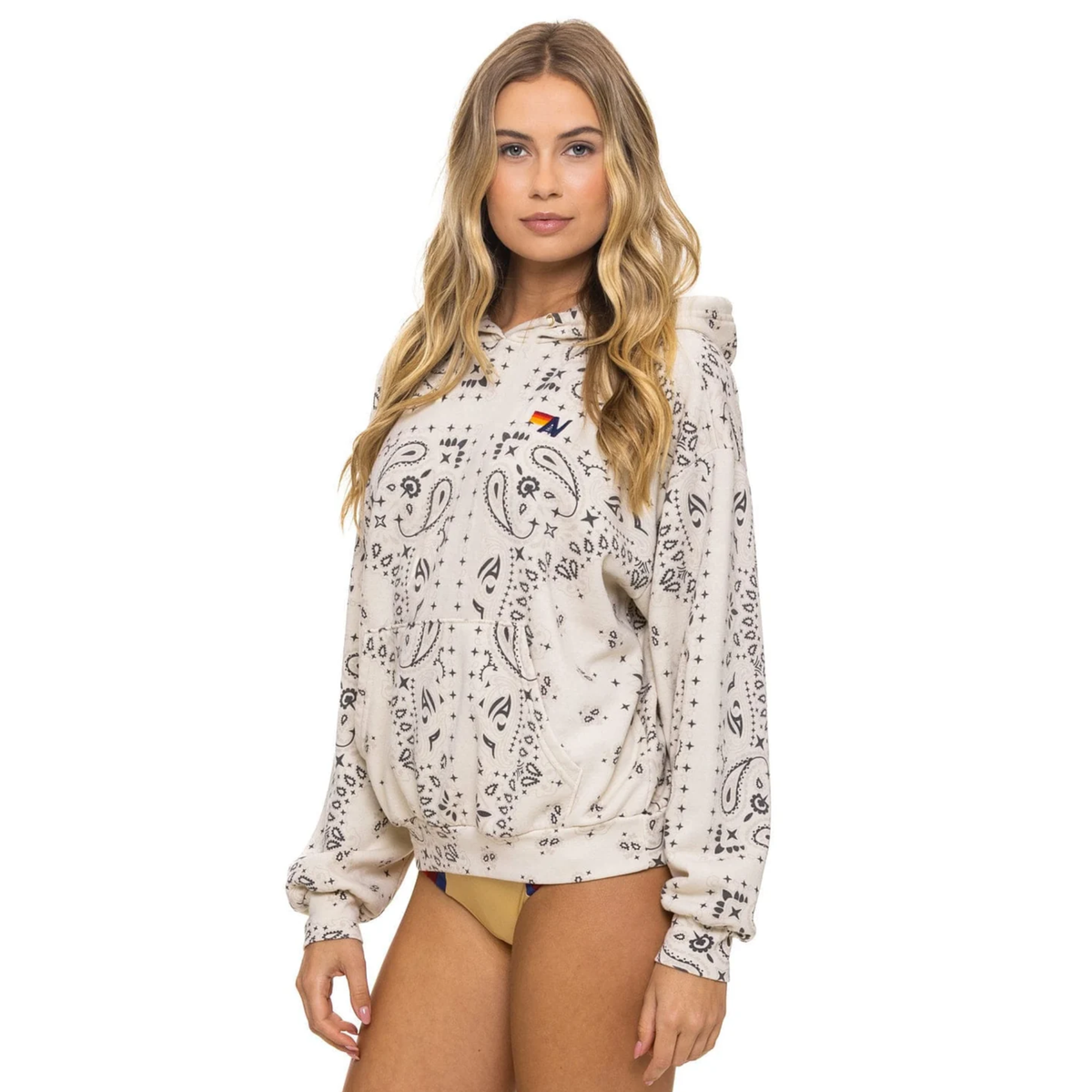 Aviator Nation Womens Bandana Pullover Hoodie Relaxed-Vintage White 