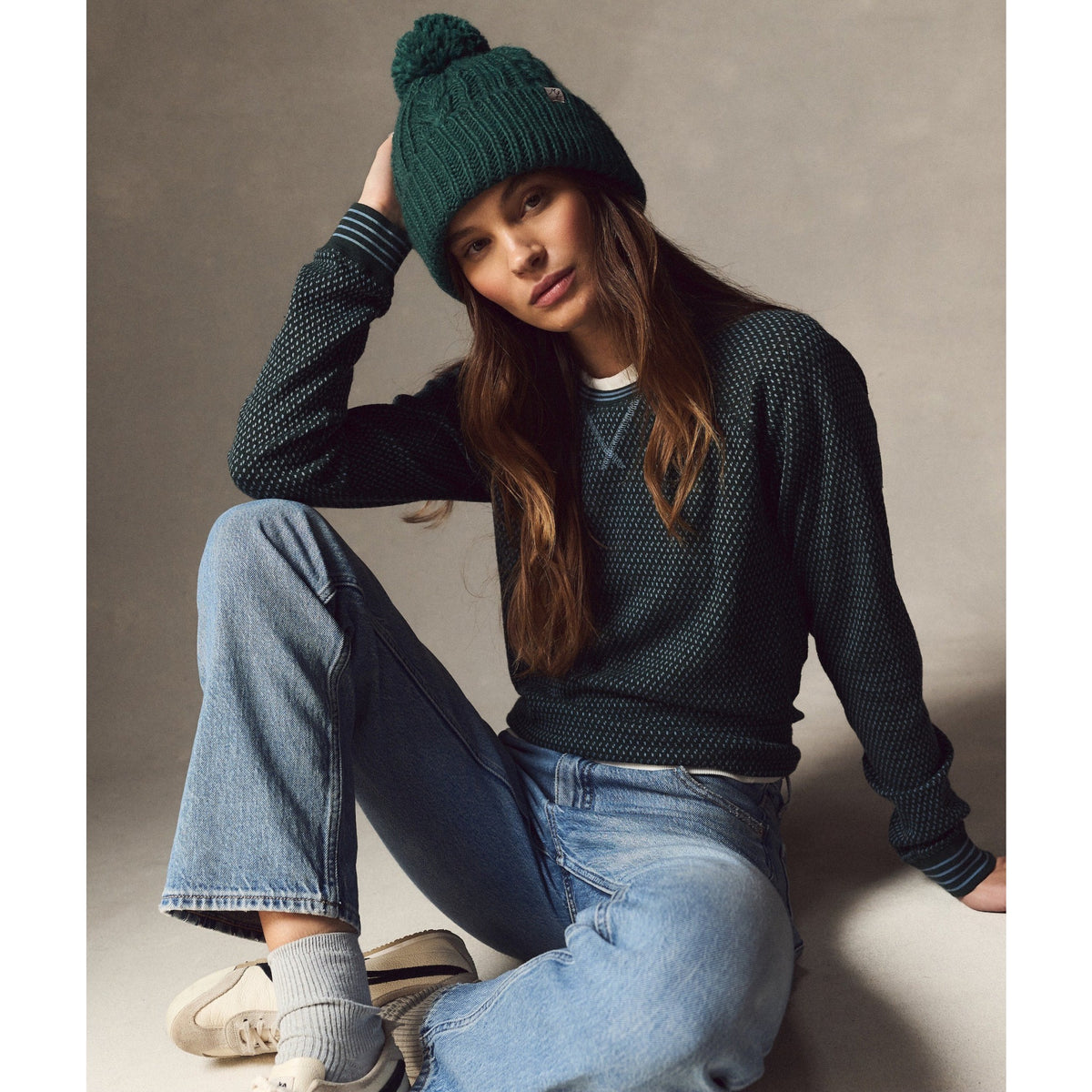 Marine Layer Womens Cable Knit Pom Beanie in Emerald - Emerald