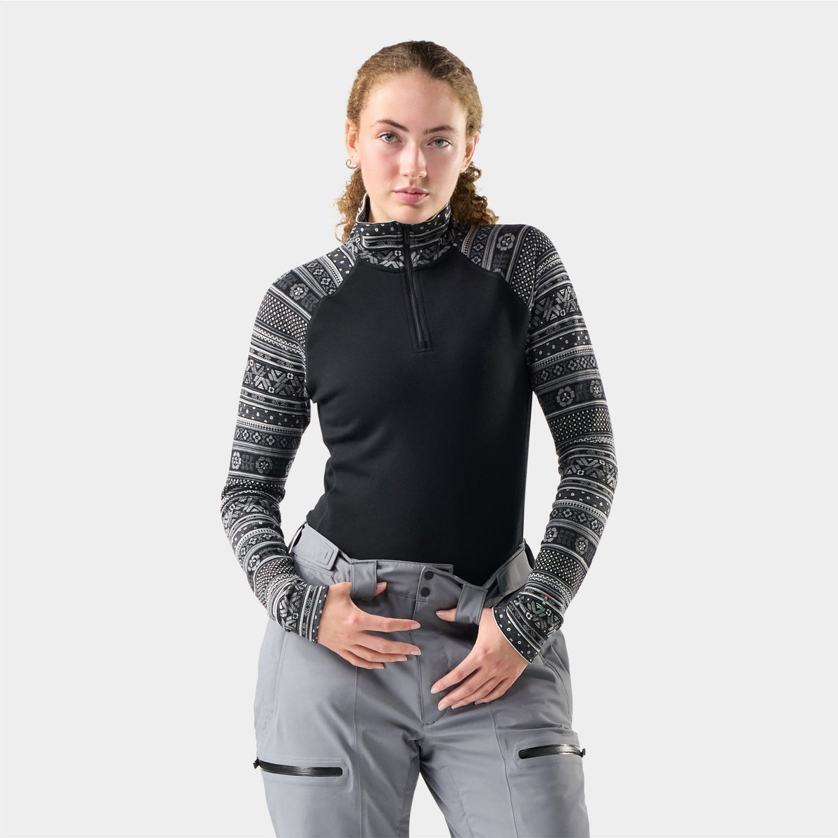 Smartwool Womens Classic Thermal Merino Base Layer 1/4 Zip - Black Fair Isle Fun