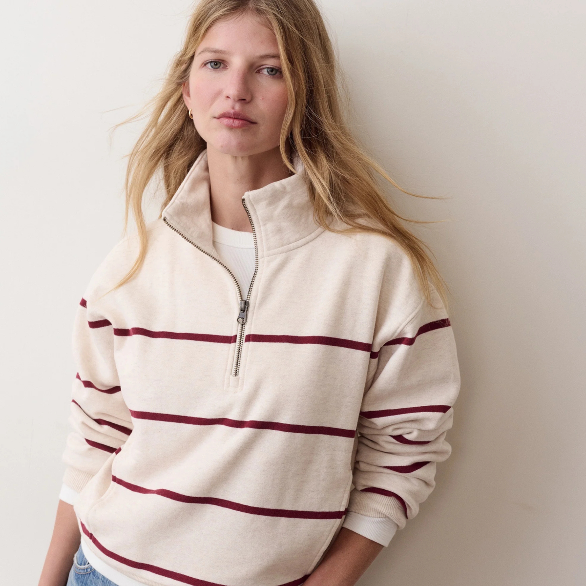 Marine Layer Womens Cloud 9 Half Zip Sweatshirt Wide Stripe- Heather in Oatmeal & Cabernet