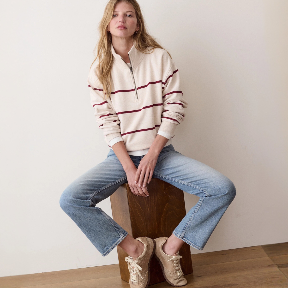 Marine Layer Womens Cloud 9 Half Zip Sweatshirt Wide Stripe- Heather in Oatmeal & Cabernet