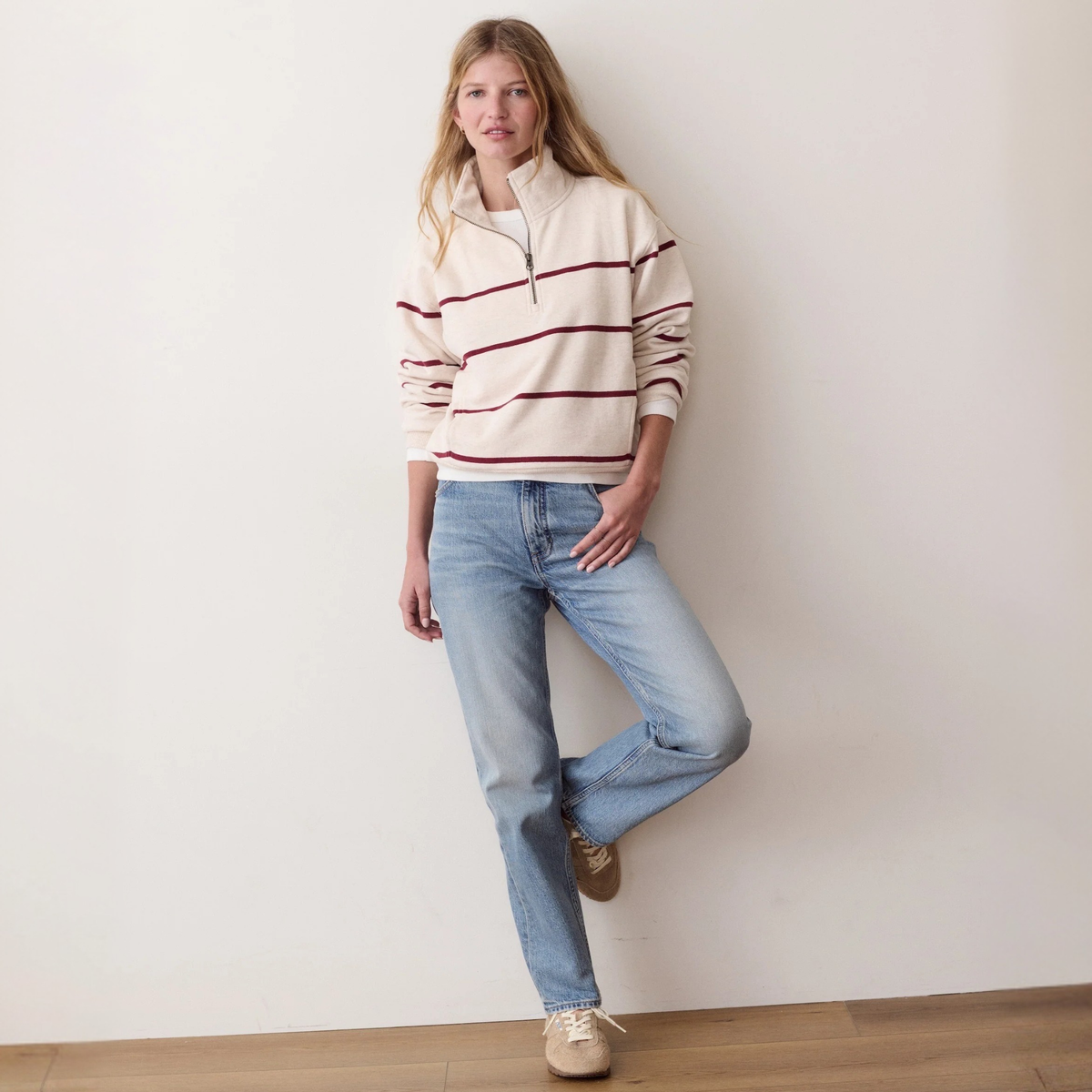Marine Layer Womens Cloud 9 Half Zip Sweatshirt Wide Stripe- Heather in Oatmeal & Cabernet