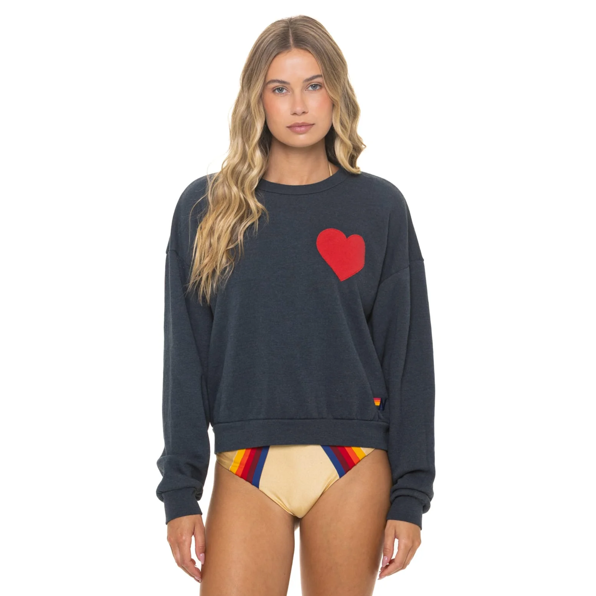 Aviator Nation Womens Crew Sweatshirt Relaxed Heart Embroidery-Charcoal