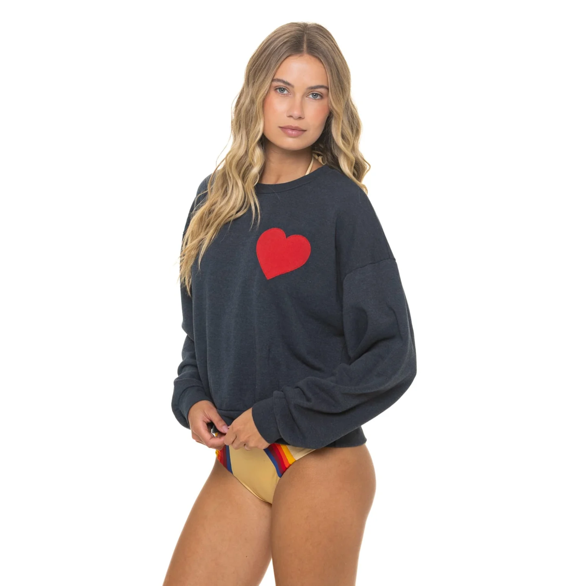 Aviator Nation Womens Crew Sweatshirt Relaxed Heart Embroidery-Charcoal