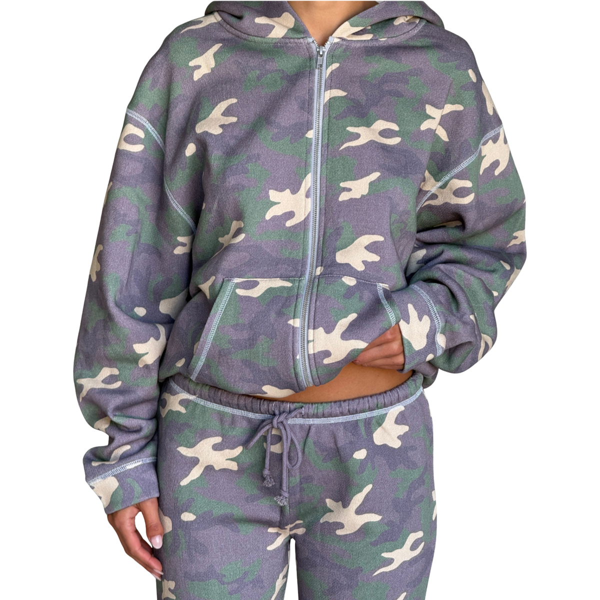 Frankies Bikinis Womens Drew Terry Zip Up Hoodie-Classic Camo