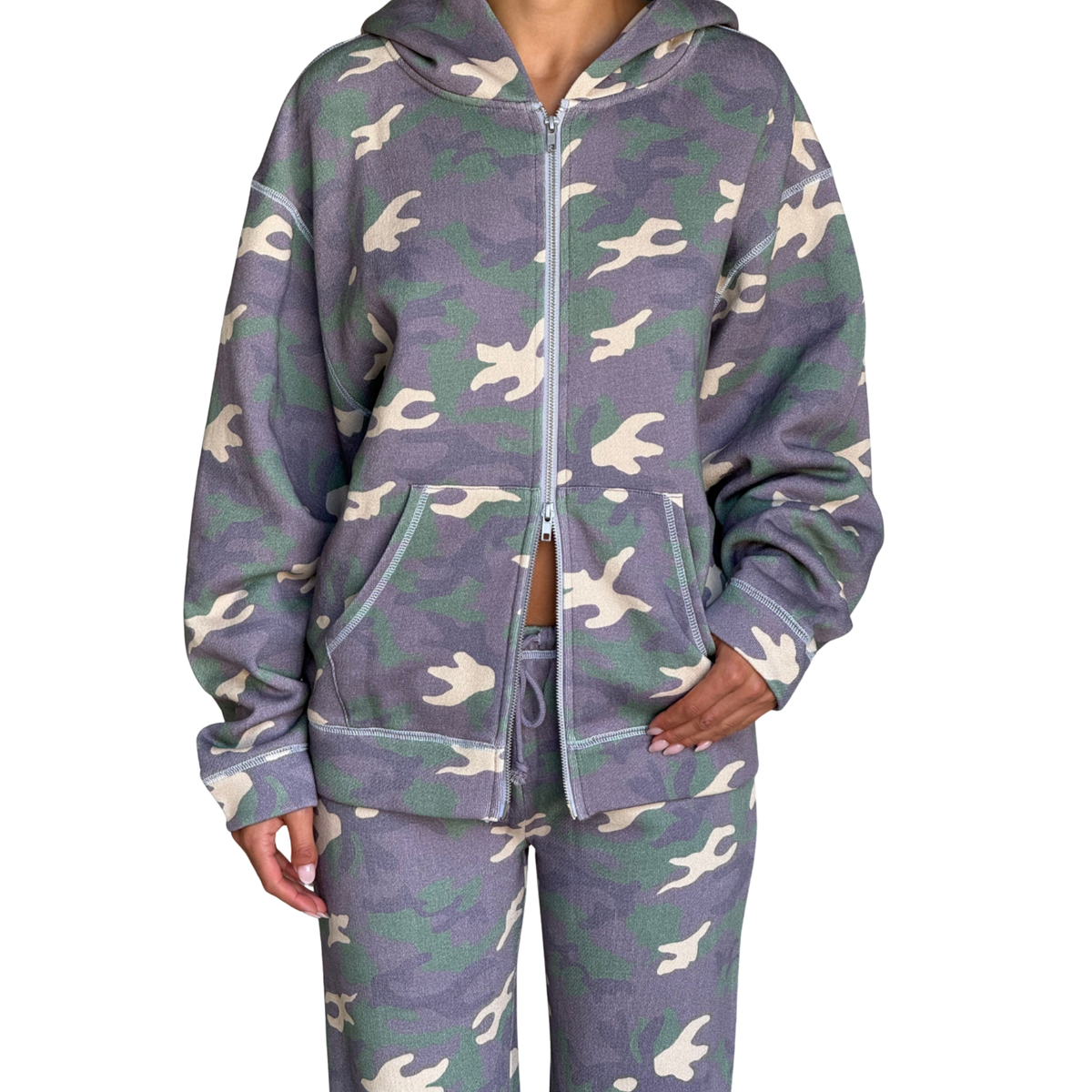 Frankies Bikinis Womens Drew Terry Zip Up Hoodie-Classic Camo