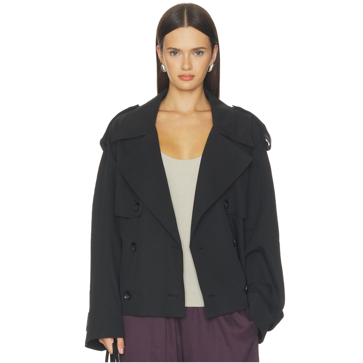 Elodie Womens Eleanor Cropped Trench Coat-Black