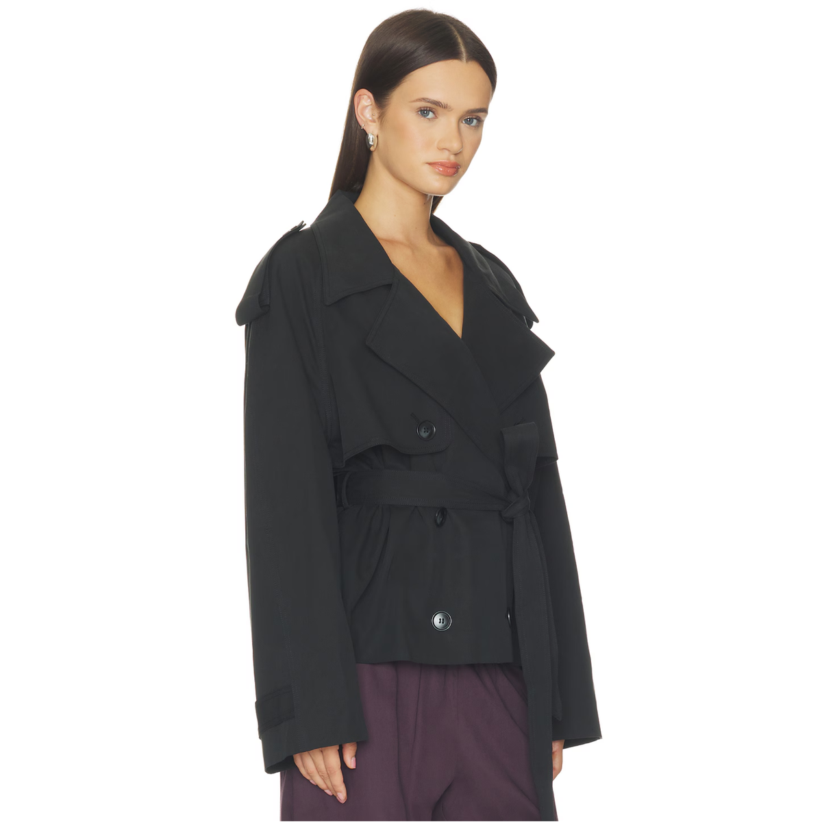 Elodie Womens Eleanor Cropped Trench Coat-Black