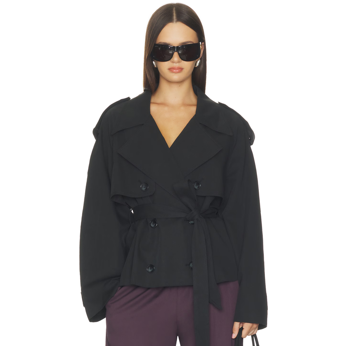 Elodie Womens Eleanor Cropped Trench Coat-Black