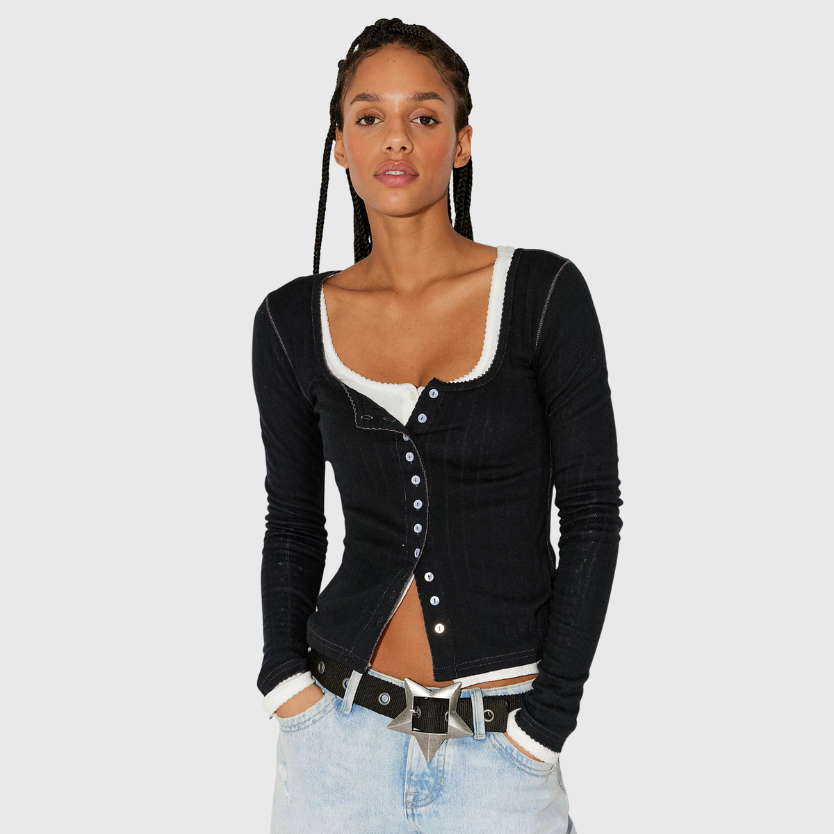 Free People Womens Endgame Pointelle Long Sleeve-Black